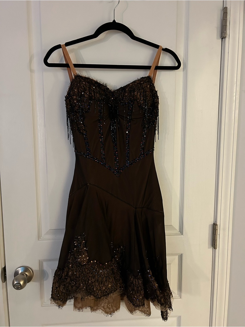 Beaded Brown Spaghetti-Strap Evening Dress